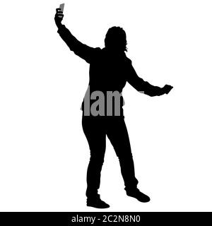 Silhouettes woman with smartphone selfies sur fond blanc. Vector illustration Banque D'Images