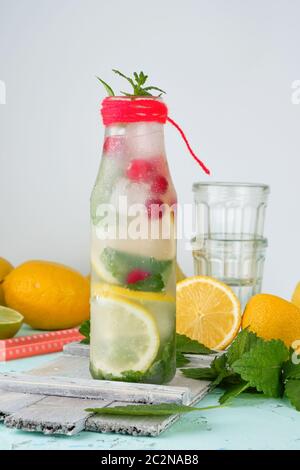 Boisson rafraîchissante de l'été avec de la limonade citron, canneberge, feuilles de menthe, la chaux dans une bouteille en verre, à côté les ingrédients pour faire un cocktail Banque D'Images