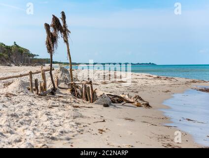 Côte de la mer Baltique allemande avec des dunes de sable, d'herbe, de l'eau et de ciel bleu avec signe de bois Banque D'Images