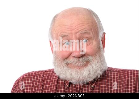 Man montre surpris sourire l'expression faciale, isolated on white Banque D'Images