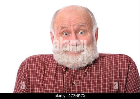 Man montre surpris sourire l'expression faciale, isolated on white Banque D'Images