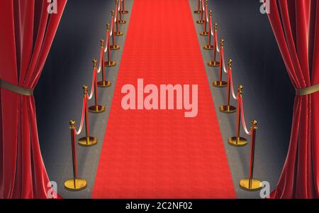 Tapis rouge et or rouge et les obstacles avec corde de grands rideaux à l'entrée. concept de luxe et exclusivité. Image 3D render Banque D'Images