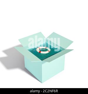 L'image de rendu 3D d'une boîte contenant de l'eau avec une bouée de sauvetage. Concept de l'aide inattendue. Banque D'Images