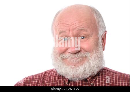 Man montre surpris sourire l'expression faciale, isolated on white Banque D'Images