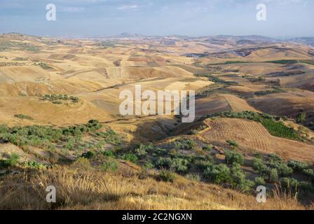 Vue sur les collines et les champs de ferme, vue panoramique de la Sicile agriculture d'été Banque D'Images