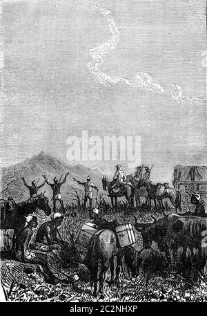 Les explorateurs de soldats et les chasseurs indigènes de la tribu Makololo en Afrique du Sud. De Jules Verne 3 Russes et 3 Livre anglais, gravure vintage, 1871. Banque D'Images