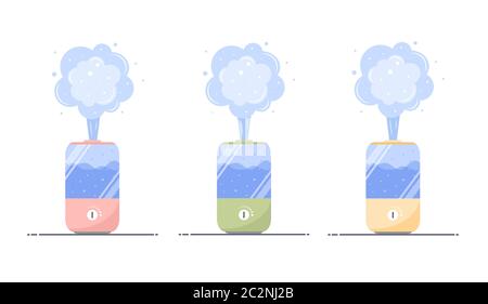 Icône d'humidificateur d'air. Ensemble de purificateurs à ultrasons microclimat pour la maison. Humidité saine. Illustration vectorielle moderne de style dessin animé plat. Illustration de Vecteur