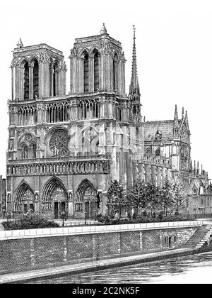 Notre-Dame de Paris, illustration gravée d'époque. Paris - Auguste VITU – 1890. Banque D'Images