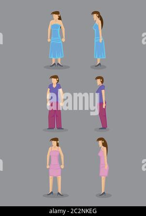 Femme moderne portant une robe de fête, une tenue de rue décontractée et des vêtements confortables, en vue frontale et profil. Ensemble de six icônes vectorielles isolées sur gr Illustration de Vecteur