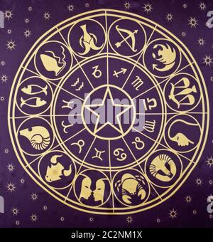 Roue de Zodiac symboles imprimés sur textile Banque D'Images