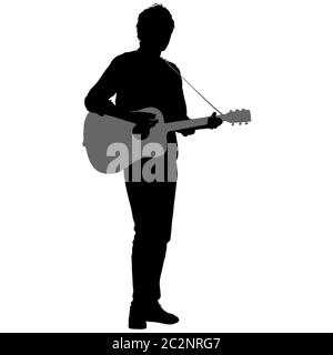 Silhouette musicien joue la guitare sur fond blanc Banque D'Images