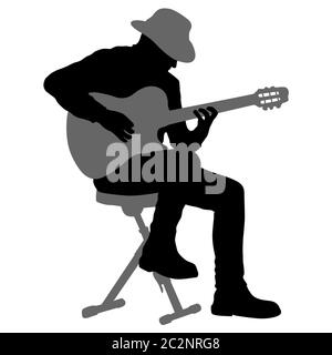 Silhouette musicien joue la guitare sur fond blanc Banque D'Images