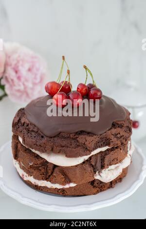 gâteau au chocolat noir de la forêt avec tarte aux cerises et glaçage au chocolat noir Banque D'Images