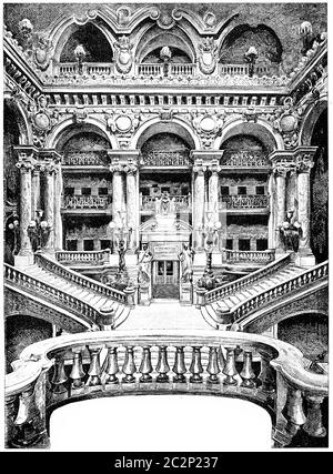 Le grand escalier de l'Opéra, illustration gravée d'époque. Paris - Auguste VITU – 1890. Banque D'Images