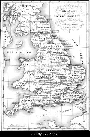 Carte anglo-saxonne de Grande-Bretagne, illustration gravée d'époque. Histoire colorée de l'Angleterre, 1837. Banque D'Images
