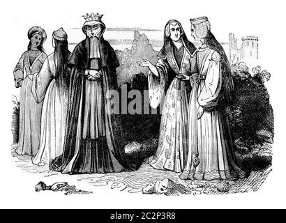 Costumes féminins sous le règne d'Henry VII, illustration gravée d'époque. Histoire colorée de l'Angleterre, 1837. Banque D'Images