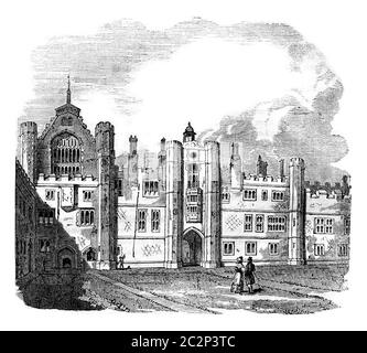 Septième palais Homptoncourt élevé par Wolsey, illustration gravée d'époque. Histoire colorée de l'Angleterre, 1837. Banque D'Images