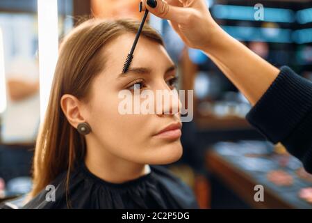 L'artiste de maquillage avec un pinceau, femme de make-up shop. Cliente en instituts de beauté Banque D'Images