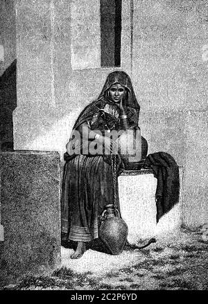 Dans la région de Tunis. Un porteur d'eau, vintage engraved illustration. Journal des voyages, Journal de voyage, (1879-1880). Banque D'Images