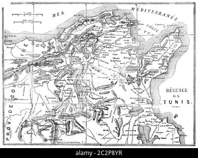 Carte de Tunisie, illustration gravée d'époque. Journal des voyages, Journal de voyage, (1880-81). Banque D'Images