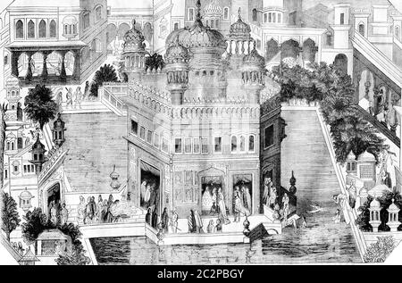 Vue sur le temple d'or, le bassin et une partie de la ville d'Amritsar dans le royaume de Lahore, illustration gravée d'époque. Magasin Pittoresque 1836. Banque D'Images