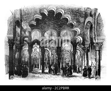 Vue à l'intérieur de la cathédrale de Cordoue, illustration gravée d'époque. Magasin Pittoresque 1841. Banque D'Images