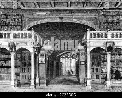 Intérieur de la bibliothèque Bodleian de l'Université d'Oxford, illustration gravée d'époque. Magasin Pittoresque 1842. Banque D'Images