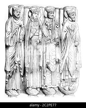 Statues du porche de Saint Germain des Prés, illustration gravée d'époque. Magasin Pittoresque 1843. Banque D'Images