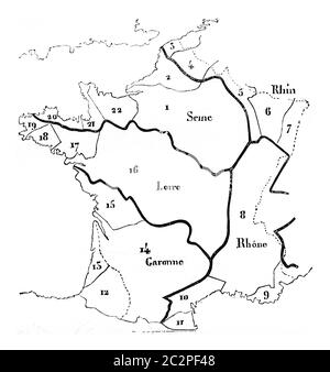 Carte de France divisée en vingt-deux bassins, illustration gravée d'époque. Magasin Pittoresque 1844. Banque D'Images