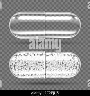 Capsules transparentes vides et avec mastic granulé. Médicaments ovales analgésiques, antibiotiques, vitamine, acides aminés, minéral, bio-actif additif, 3D vecteur réaliste nutrition sportive, médicament Illustration de Vecteur