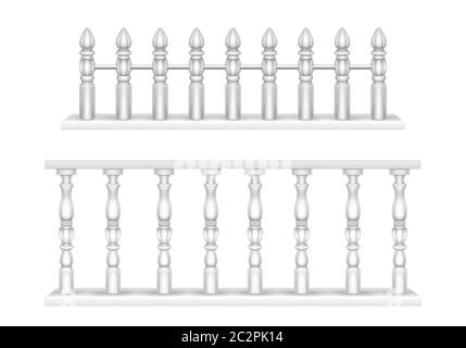 Balustrade en marbre blanc, main courante pour balcon, porche ou jardin dans un style romain classique. Ensemble réaliste de style vectoriel de balustrades en pierre baroque, de rampes avec piliers, de clôtures anciennes avec colonnes Illustration de Vecteur