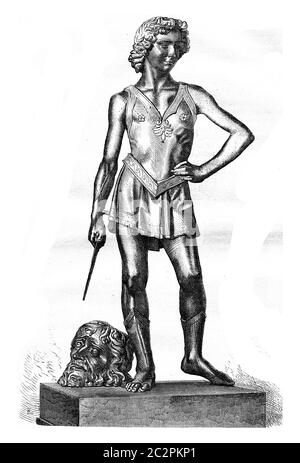 David vainqueur de la statue en bronze de Goliath d'Andrea Verrocchio, le musée national de Florence, illustration gravée d'époque. Magasin Pittoresque 1877. Banque D'Images