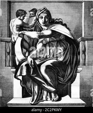 Chapelle Sixtine, le Sibyl Delphique, fresque de Michel-Ange, illustration gravée d'époque. Magasin Pittoresque 1877. Banque D'Images