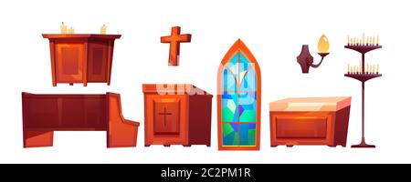 Église catholique à l'intérieur verre de substance vitraux, autel et banc en bois, croix, Tribune, lampe murale, bougies isolées sur fond blanc. Mobilier et accessoires de cathédrale à vecteur de dessin animé Illustration de Vecteur