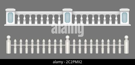 Balustrade en marbre blanc, main courante pour balcon, porche ou jardin dans un style romain classique. Ensemble vectoriel réaliste de sections de garde-corps en pierre, rampe avec piliers et colonnes décoratives Illustration de Vecteur