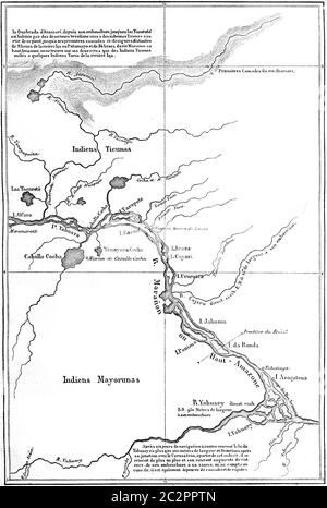 Traversée de l'Amérique du Sud, carte, illustration gravée d'époque. Le Tour du monde, Travel Journal, (1865). Banque D'Images