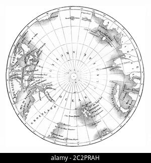 Carte régions circumpolaires de l'hémisphère nord. Illustration gravée d'époque. Le Tour du monde, Travel Journal, (1865). Banque D'Images