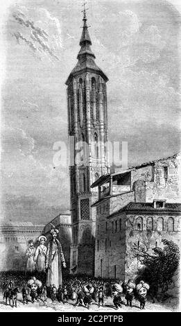 Tour de Zaragoza, illustration gravée d'époque. Magasin Pittoresque 1852. Banque D'Images