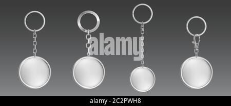 Porte-clés argent, support de fixation pour clé avec chaîne et anneau en métal. Modèle vectoriel réaliste de breloques en acier forme de cercle rond isolée sur fond transparent. Accessoire vierge pour l'identité de l'entreprise Illustration de Vecteur