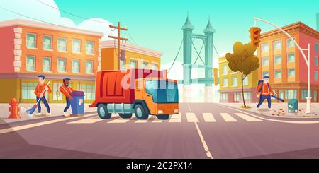 Nettoyage de rue avec un camion à ordures et des personnages balayeurs en ville. Les employés trient les déchets, balaient et retirent les feuilles. Véhicule propre se déplacer sur route, service sanitaire urbain, illustration vectorielle de dessin animé Illustration de Vecteur