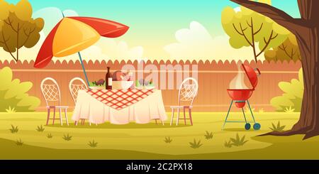 Partie barbecue sur cour avec grill, nourriture sur table, chaises et parasol. Illustration vectorielle de pique-nique avec barbecue sur pelouse d'été dans le parc ou le jardin Illustration de Vecteur