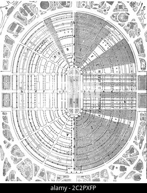 Plan du palais de l'exposition 1867 au champ de Mars à Paris, illustration gravée d'époque. Encyclopédie industrielle E.-O. Lami - 1875. Banque D'Images