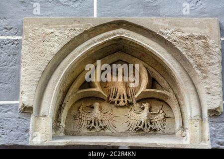 Les détails architecturaux de la Maison Tavel au Musée d'histoire de Genève en Suisse mettent en valeur la pierre complexe et l'importance historique. Suisse Banque D'Images