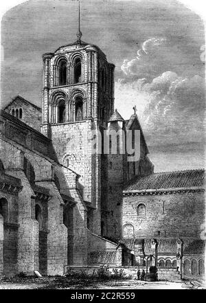 Vue latérale de l'église de la Madeleine, Vezelay, illustration gravée d'époque. Magasin Pittoresque 1869. Banque D'Images