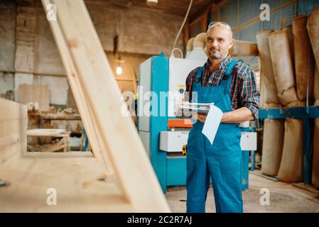 Menuisier avec carnet, travail du bois, industrie du bois, menuiserie. Traitement du bois sur l'usine de meubles, production de produits de matériaux naturels Banque D'Images