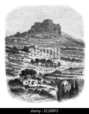 Le Rocher de Caylus, près de Saint-Affrique (Aveyron), vintage engraved illustration. Magasin Pittoresque 1875 Banque D'Images