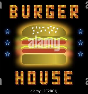 Burger House Neon Sign colorés sur fond noir. Signe de la restauration rapide. Banque D'Images