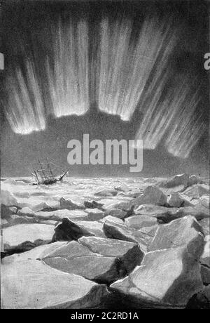 Aurora Polaris, illustration gravée d'époque. De l'Univers et de l'humanité, 1910. Banque D'Images