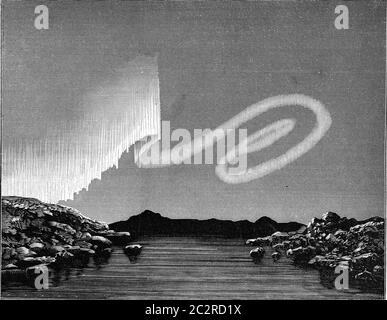 Aurora borealis en forme de serpent, illustration gravée d'époque. De l'Univers et de l'humanité, 1910. Banque D'Images