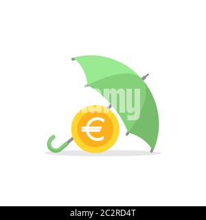 Parapluie vert avec pièces en euros d'or sous lui. Icône vectorielle plate isolée sur blanc. Sécurité du revenu. Concept de protection de l'argent. Investissements, bus de sécurité Illustration de Vecteur